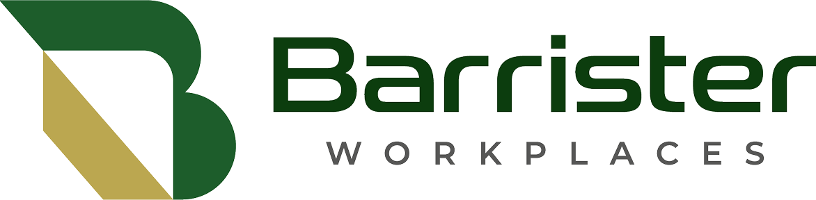 Logo for Barrister Workplaces. A stylized green and gold B symbol appears on the left, with Barrister in green and WORKPLACES in gray uppercase letters to the right.
