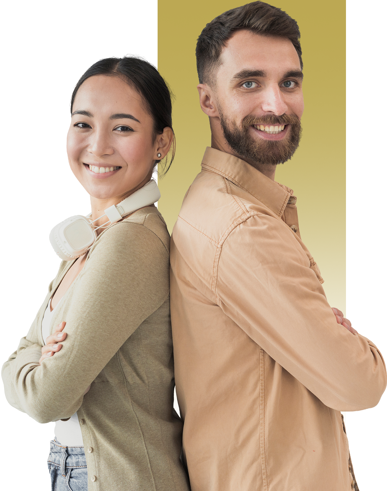 A smiling woman with headphones around her neck stands back-to-back with a bearded man, both with arms crossed, against a white and yellow gradient background.