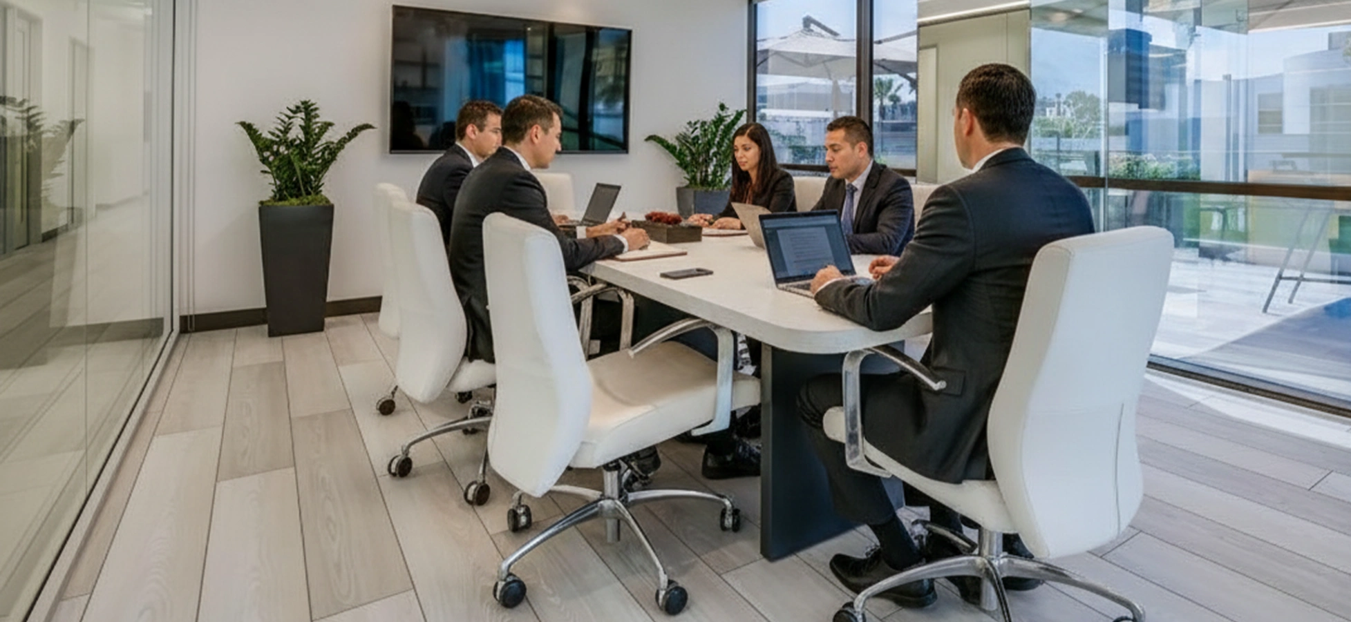 Five people in business attire sit around a conference table with laptops in a modern, bright meeting room with large windows and potted plants.