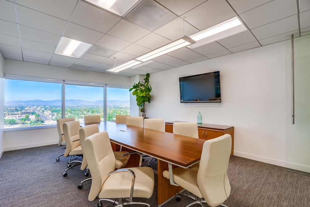 Modern conference room with a wooden table, eight white chairs, a large window with a city and mountain view, a flat-screen TV on the wall, a potted plant, and a bottle on a cabinet.