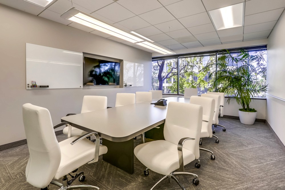Modern conference room with a rectangular table, six white chairs, a whiteboard, a TV screen, large windows letting in natural light, and a potted plant in the corner.