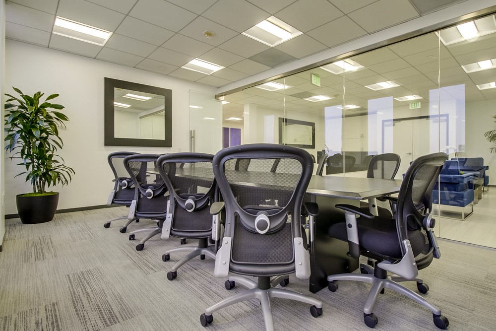 Modern conference room with a long table, ergonomic mesh chairs, glass walls, potted plant, large mirror, and neutral décor. The room is well-lit with ceiling lights and appears clean and professional.