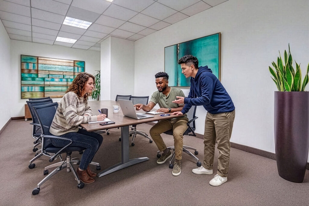 Three people sit and stand around a table in a modern office, collaborating and looking at a laptop. Abstract art and a tall plant decorate the room.