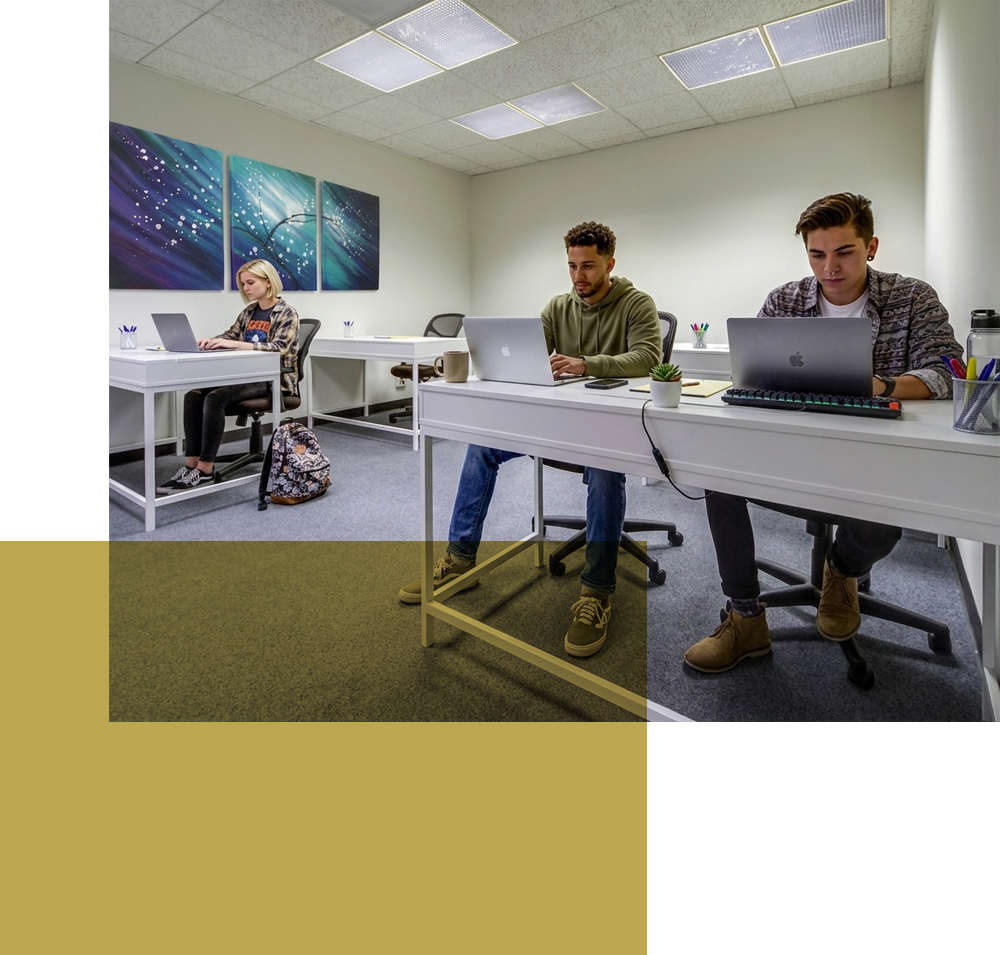 Three people work on laptops at separate desks in a modern, brightly lit office. Contemporary artwork hangs on the wall, and office supplies and a water bottle are visible on the desks.