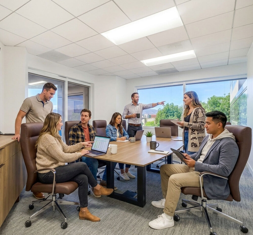 Seven people are gathered in a modern office meeting room, some seated and some standing, engaged in discussion with laptops, tablets, and papers on a large table. Large windows let in natural light.