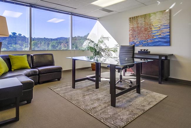 Modern office with a glass desk, black chair, leather couch with green pillows, large window with a scenic view, a plant, and colorful wall art. Natural light fills the room.