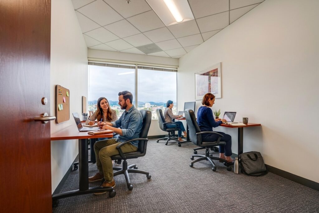 Four people work at desks in a small office with large windows. Two people are talking while using laptops; the others focus on their computers. The room is bright with neutral decor.