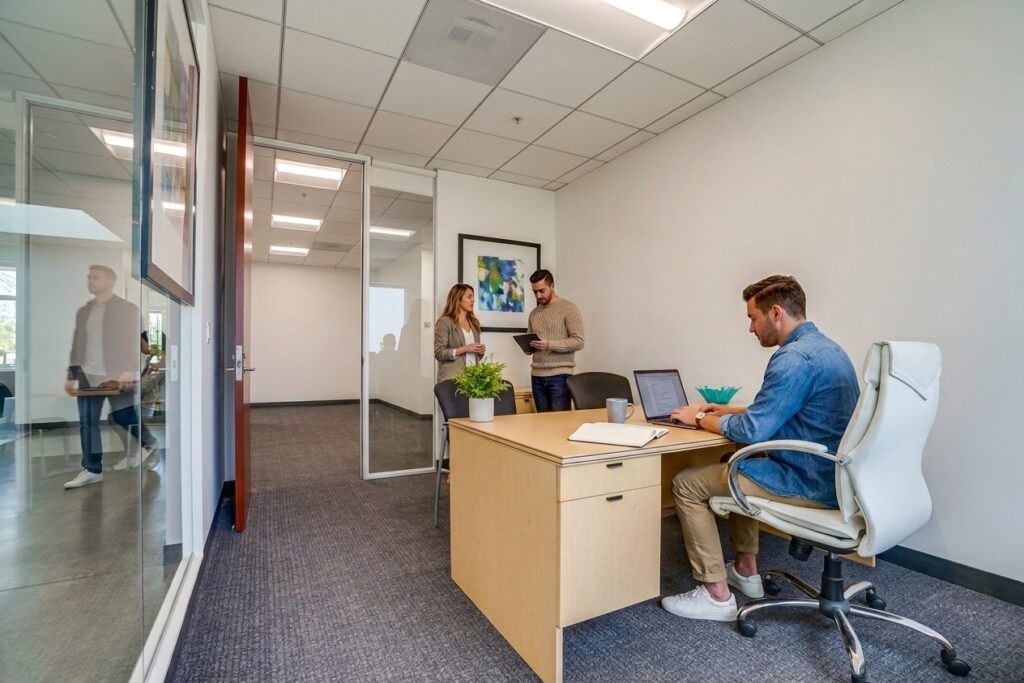 A man sits at a desk working on a laptop, while a woman and another man stand talking near the office door. The room is modern, with glass walls, a plant, and framed art on the wall.