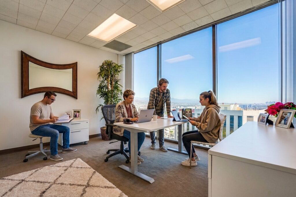 Four people work in a modern office with large windows, laptops, and papers. Cityscape is visible outside. A plant, decorative mirror, and framed photos are in the room. The atmosphere appears collaborative and bright.