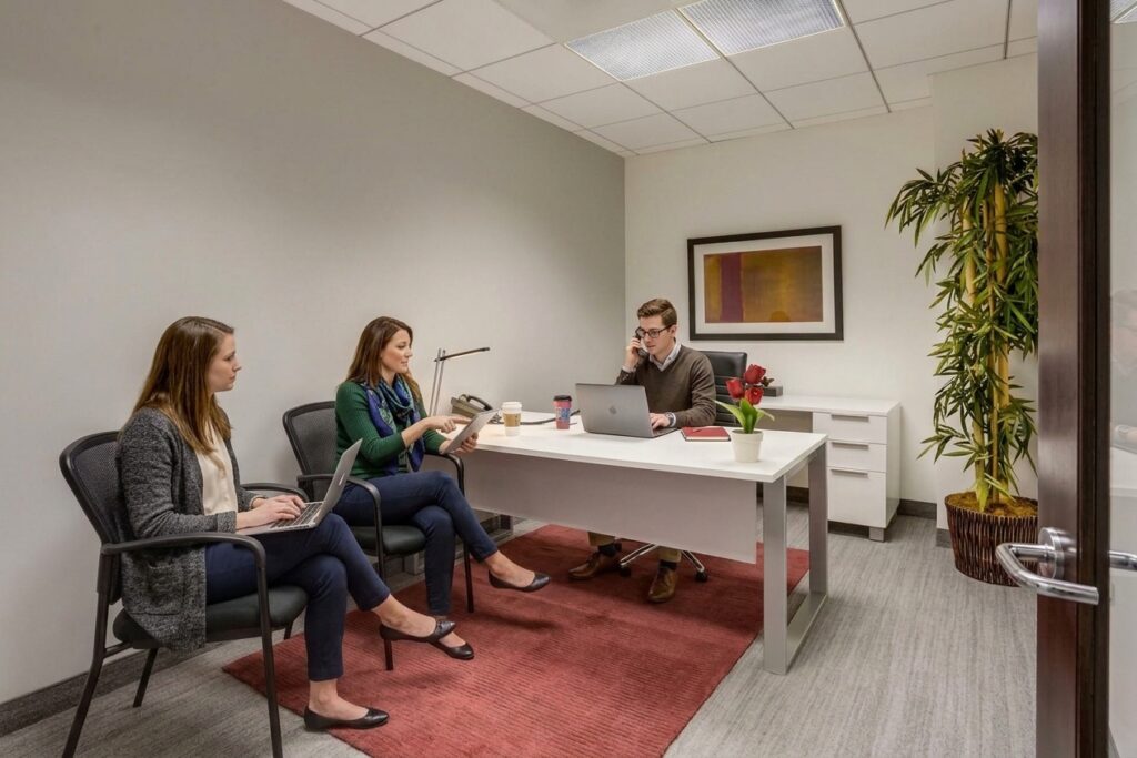 Three people are in a modern office; two women sit on chairs with laptops, and a man sits at a desk talking on the phone. Theres a plant, framed art, and a red rug. The setting is clean and professional.