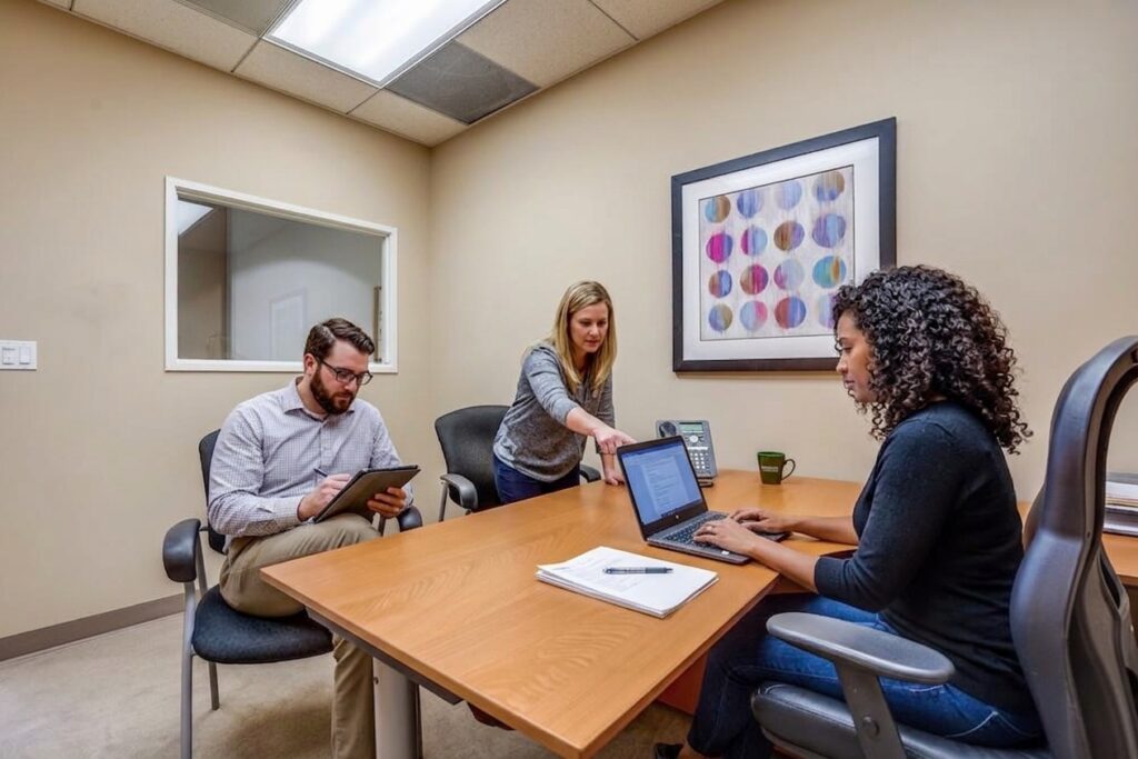Three people are in an office. One woman sits at a desk with a laptop, another stands and points at the screen, and a man sits nearby using a tablet. The room has neutral walls and framed abstract art.