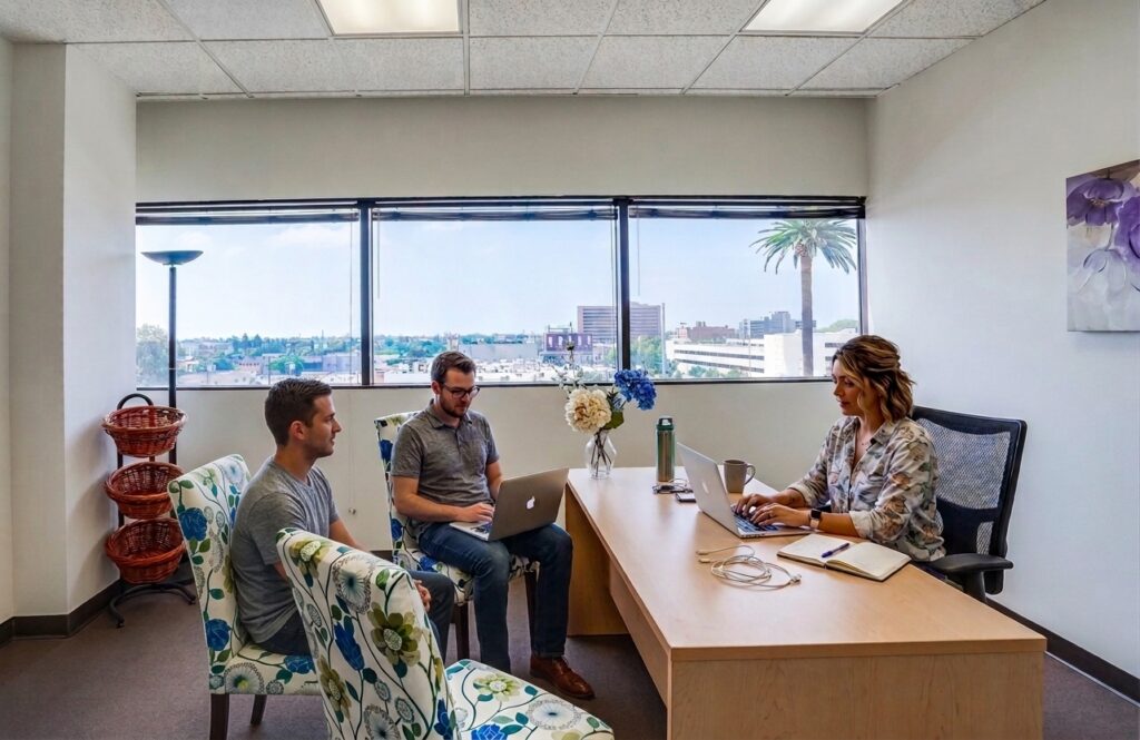Three people work in a bright office with large windows. Two men sit on floral chairs facing a woman at a desk. All use laptops. The room has flowers, baskets, and city views outside.