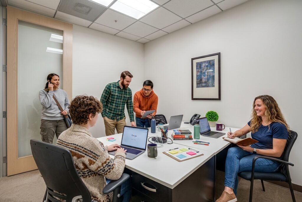 Five people are in a modern office. One person is on the phone, two are standing talking, while two are sitting at a table with laptops, notebooks, and office supplies. All appear to be collaborating.
