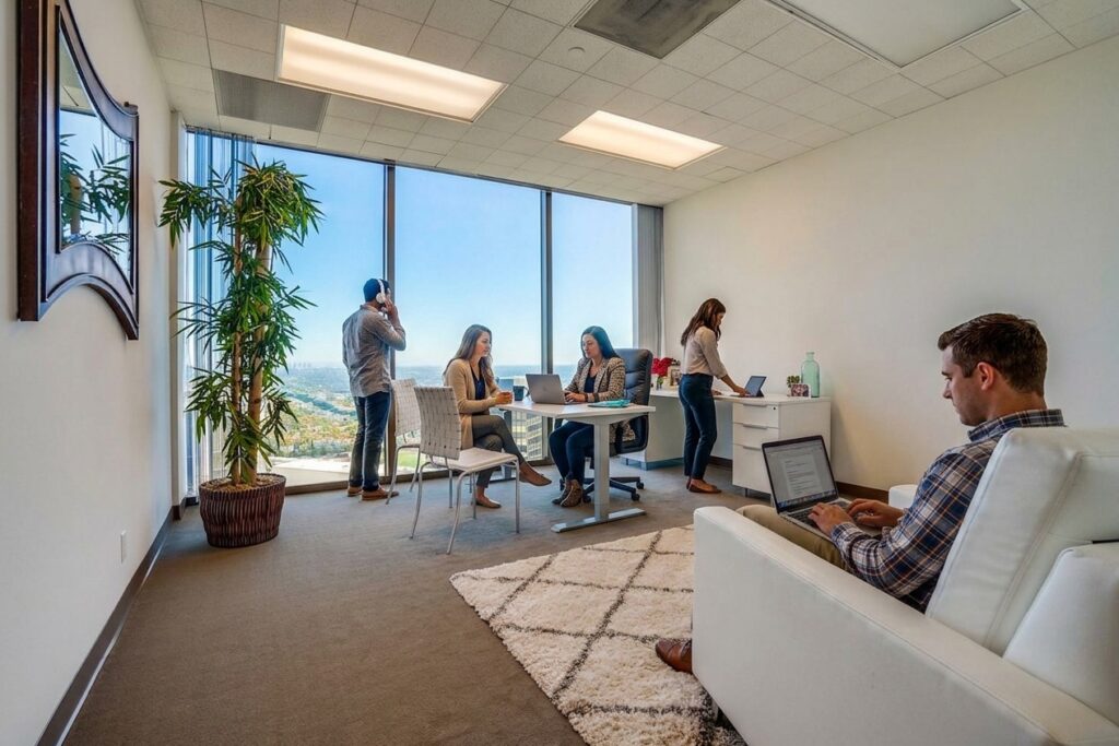 Five people work in a modern, bright office with floor-to-ceiling windows. Some sit at desks with laptops, while one stands near the window and another sits on a sofa chair, both using laptops.