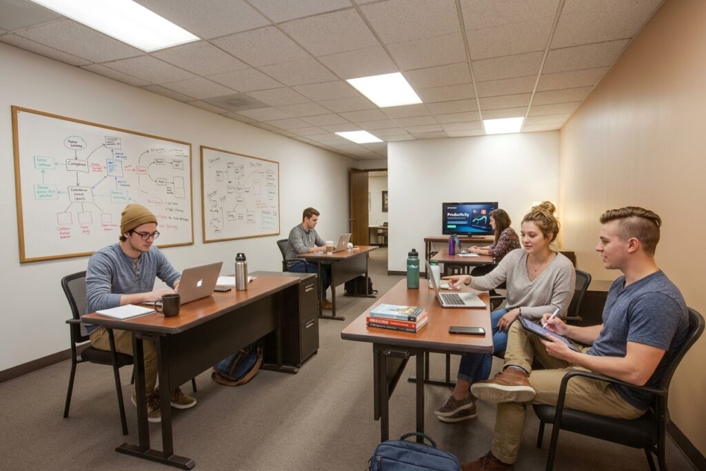 Five people work at desks in a brightly lit office with whiteboards on the wall. Some use laptops, and others write in notebooks. Books and water bottles are on the tables, and a TV is in the background.