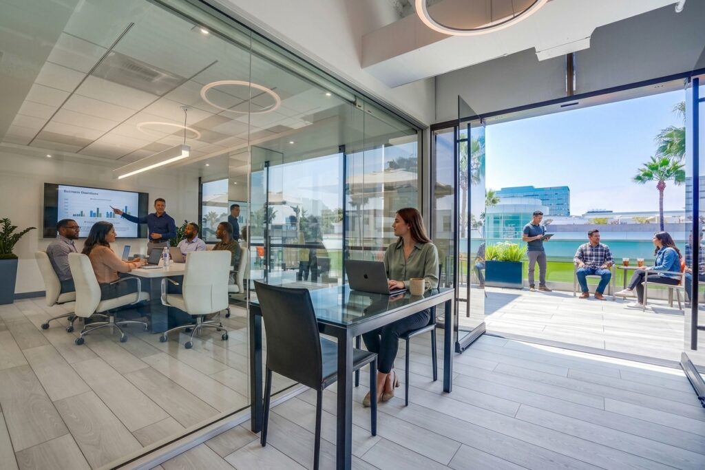 People are having a meeting in a glass-walled office, while others sit and talk outside on a patio with palm trees and modern buildings in the background.