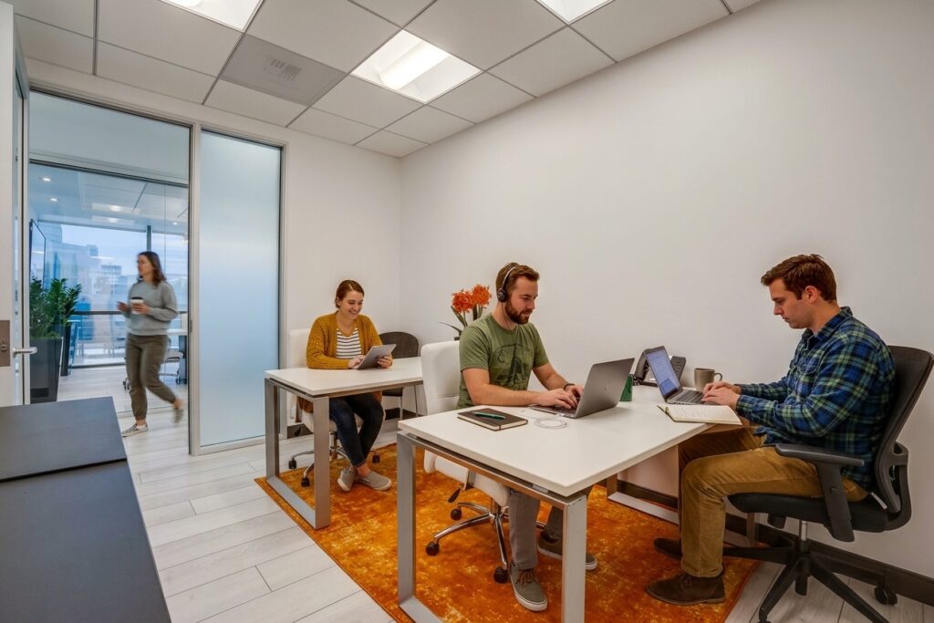 Three people work at desks in a modern office; two use laptops, one wears headphones. A fourth person walks by in the hallway outside glass doors. The room has white walls and a bright orange rug.
