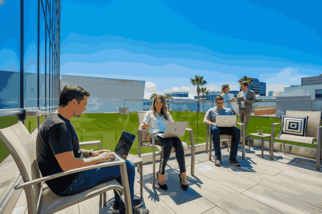 Five people work on laptops outdoors on a sunny day, sitting and standing on a patio with modern chairs and tables, glass building walls, and palm trees in the background.
