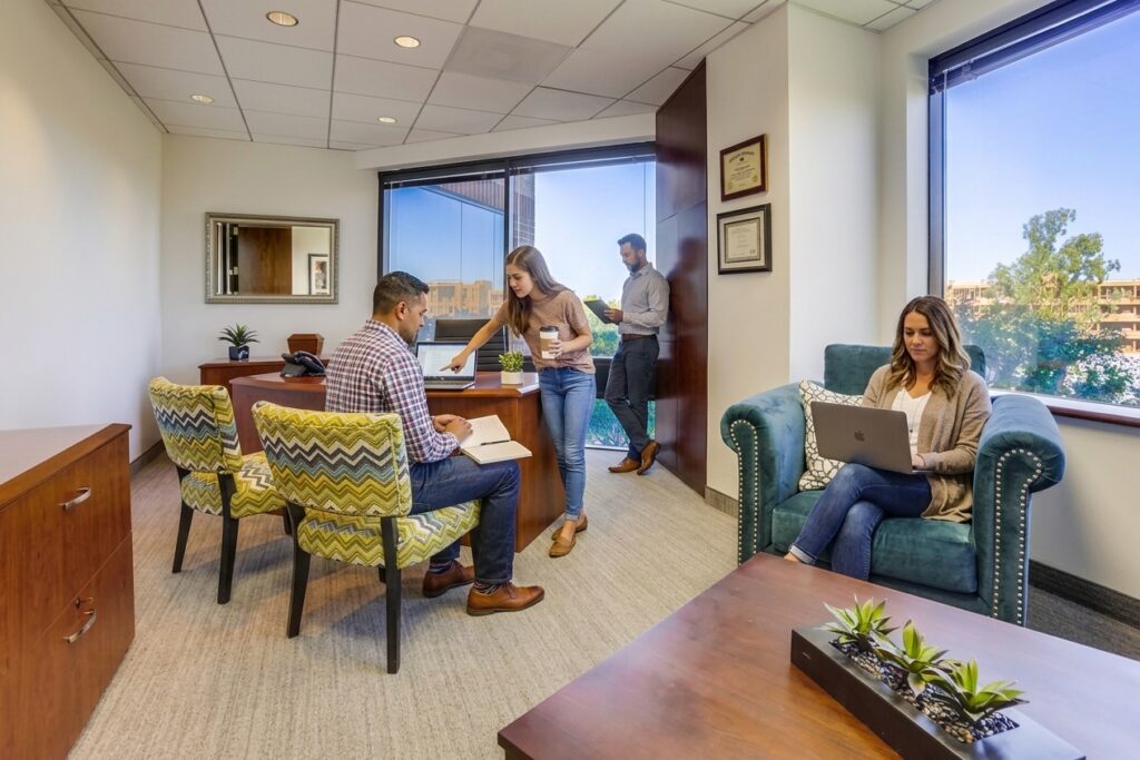 Four people are working in a bright office; two sit at a desk, one stands nearby with a notepad, and one sits on a green chair using a laptop. Large windows show trees and buildings outside.