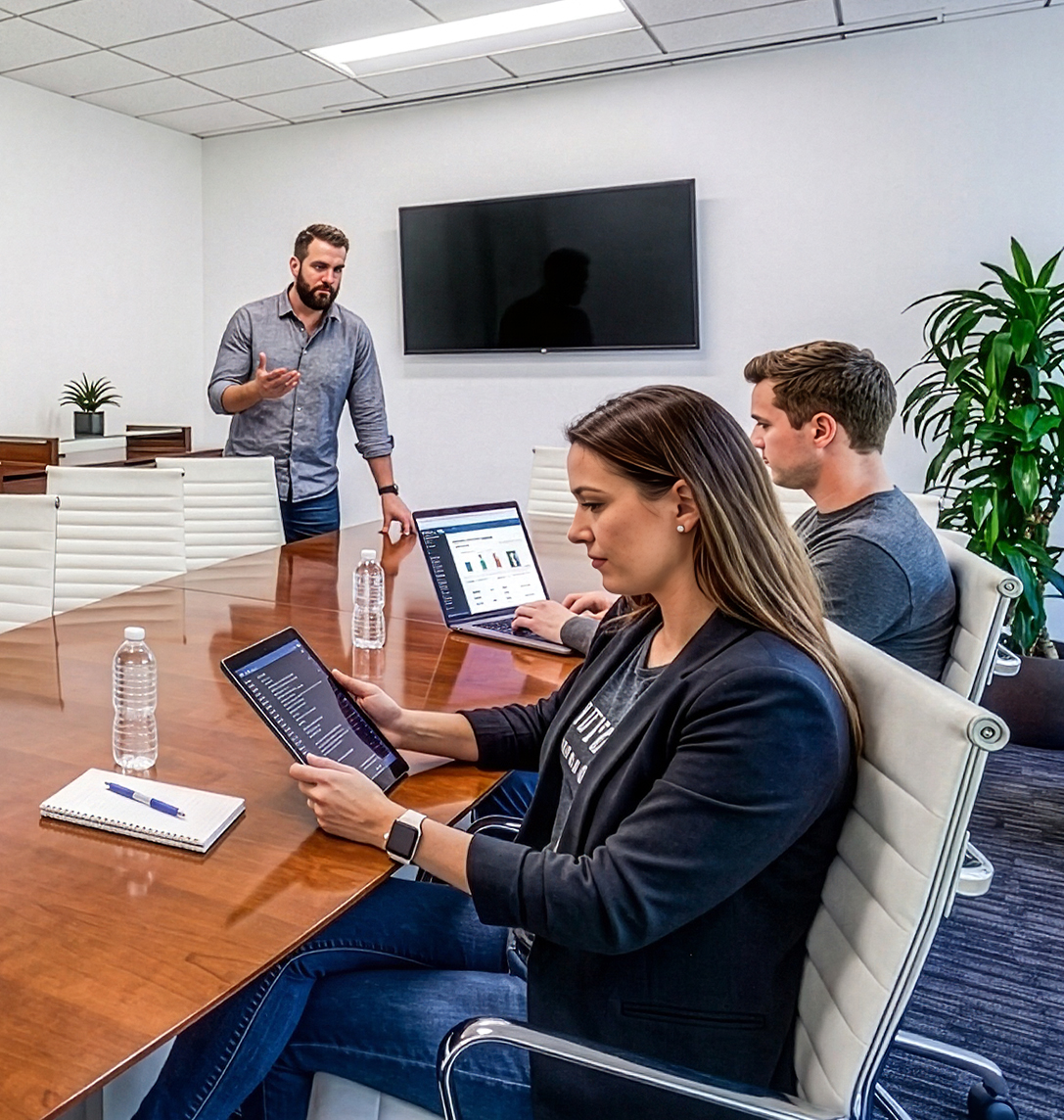 Three people in a modern conference room; one stands and speaks, while two others sit at the table using a tablet and laptop. Bottled water and a notepad are on the table. A TV and plants are in the background.