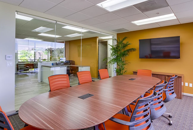 Modern conference room with a long wooden table, orange chairs, a wall-mounted TV, a large plant, and glass walls revealing another office area. Bright lighting and an orange accent wall create a vibrant atmosphere.