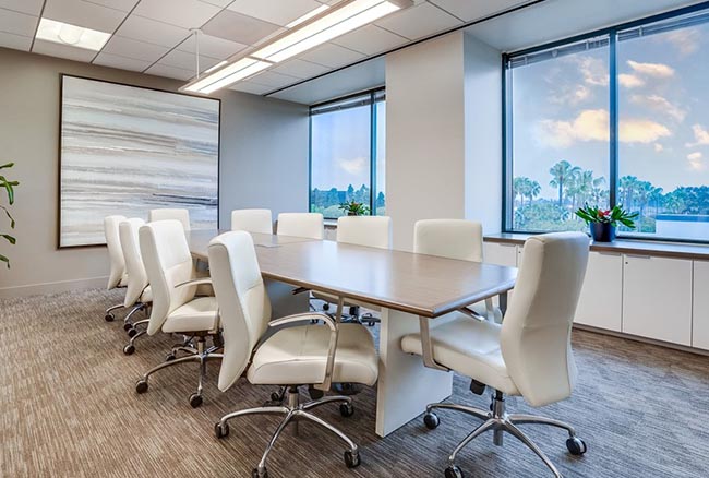 Modern conference room with a long wooden table, ten white chairs, large windows showing a scenic view, a plant on the counter, and abstract wall art.