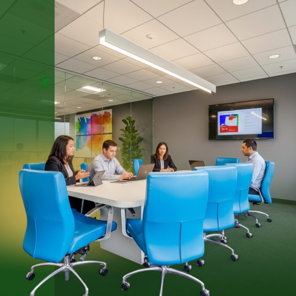 Four people sit around a conference table with bright blue chairs in a modern meeting room. A presentation is displayed on a wall-mounted screen. The atmosphere appears professional and collaborative.