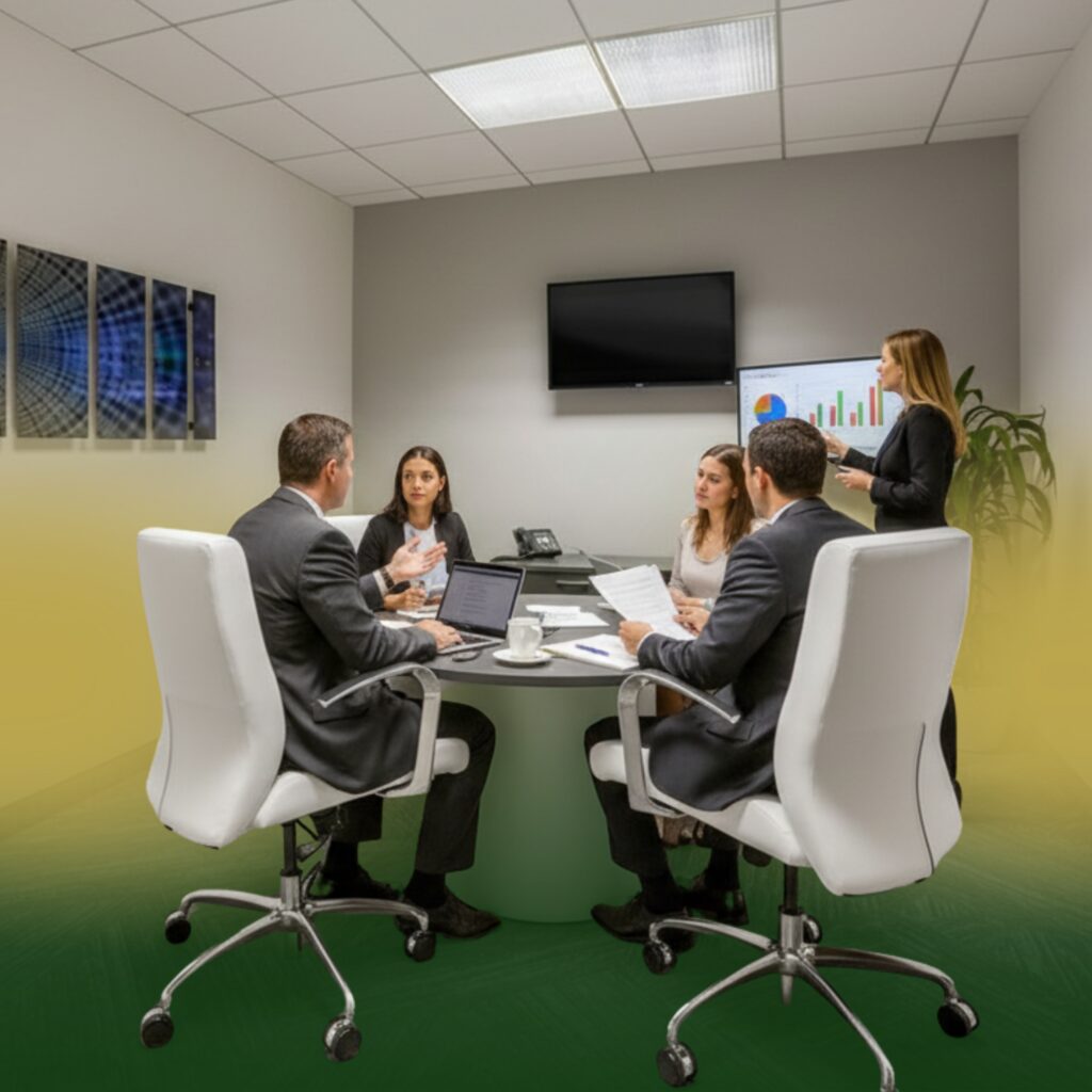 Five people in business attire sit around a conference table in a modern office, discussing documents. One person stands near a screen displaying a bar chart. The room has white walls, art, and a plant.