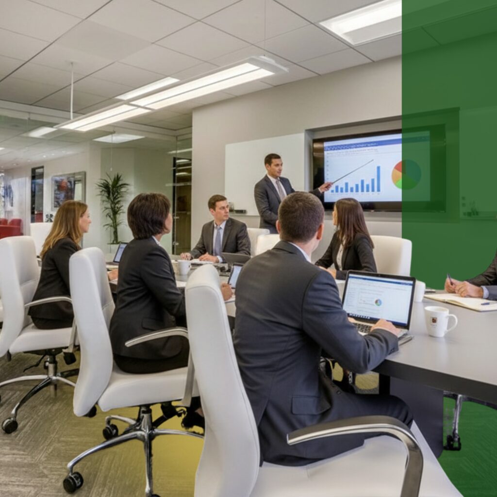 A group of business people in a conference room watch a man present a chart on a screen. Laptops, papers, and coffee cups are on the table. A green semi-transparent shape covers part of the right side.