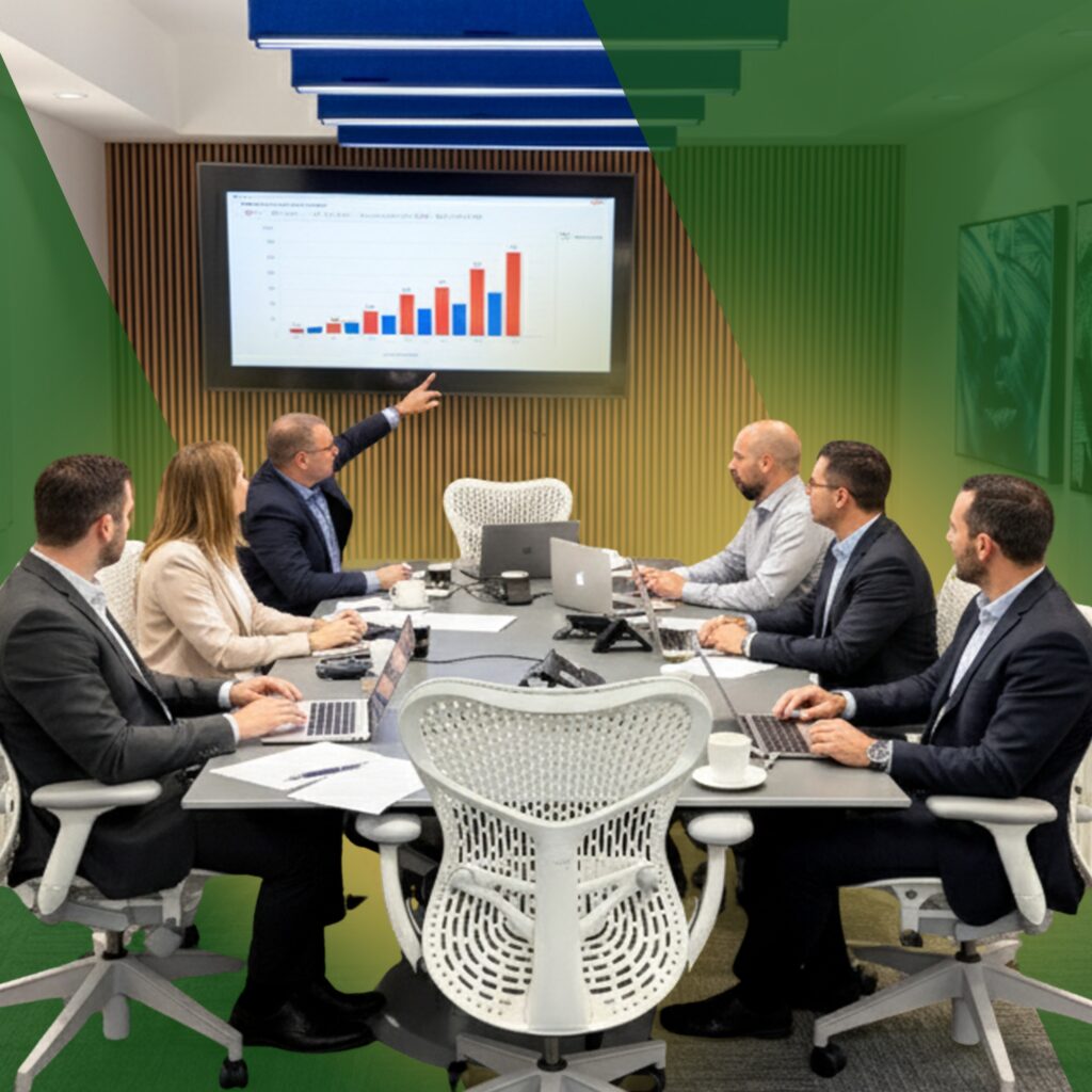 Seven people in business attire sit around a conference table, watching a man point to a large bar graph on a screen. Laptops and papers are on the table; the room has modern decor and green-and-yellow graphic overlays.