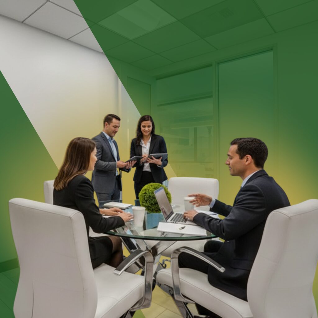 Four professionals in business attire meet around a glass table in a modern office, two seated with laptops and coffee, two standing and talking. Green and yellow gradient overlays the background.