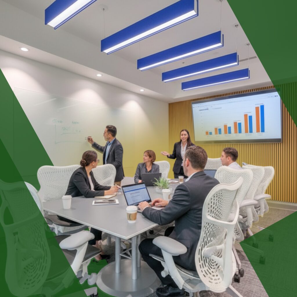 Six people in business attire have a meeting in a modern office. One person draws on a whiteboard; another gestures near a screen displaying a bar graph. Others sit at a table with laptops and coffee. Green shapes overlay the image.