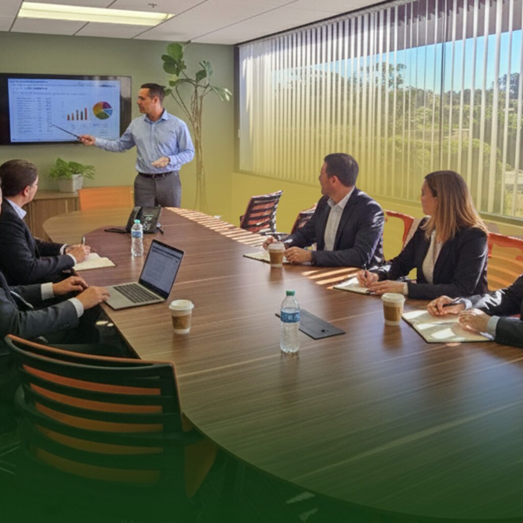 A man presents a graph on a screen to four colleagues seated at a conference table with laptops, notepads, coffee cups, and water bottles in a bright meeting room with large windows.