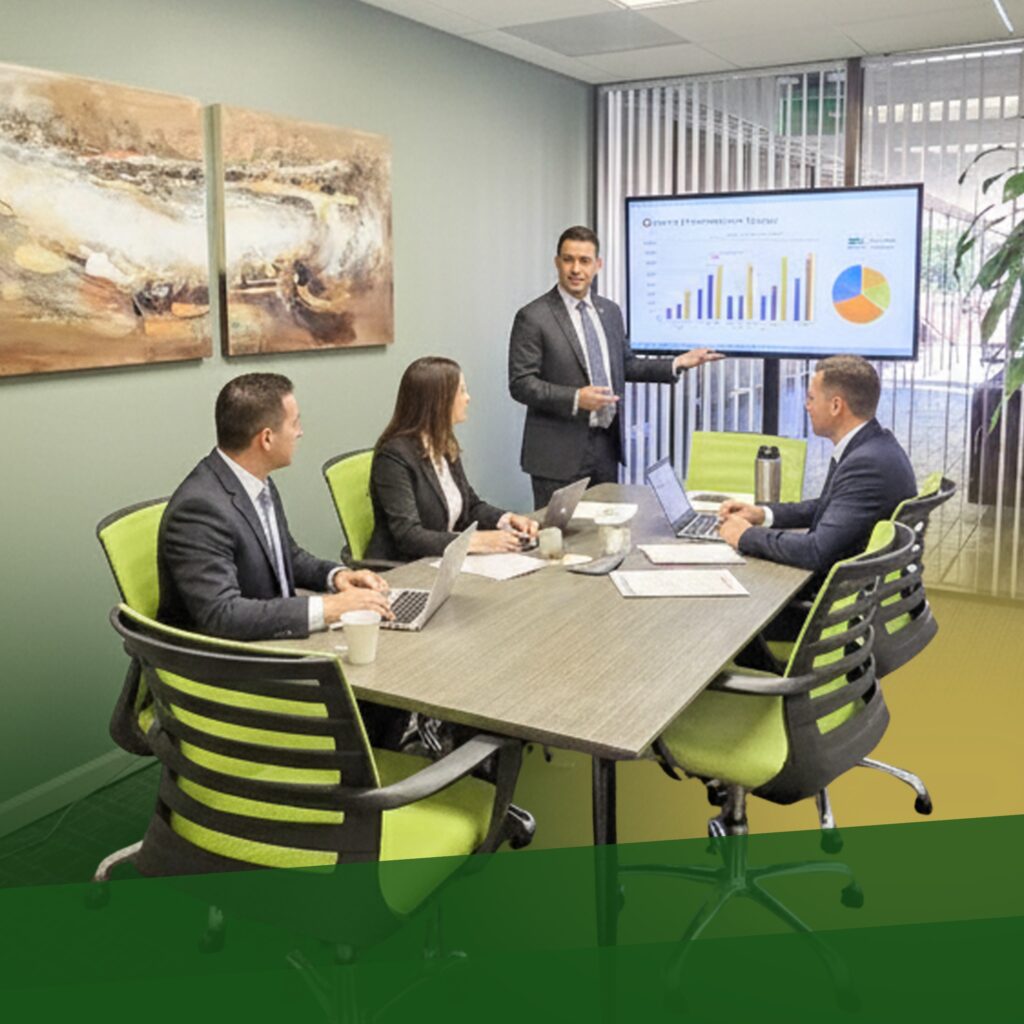 Four people in business attire sit around a conference table with laptops, while one person stands and points to a screen displaying bar and pie charts in an office meeting room.