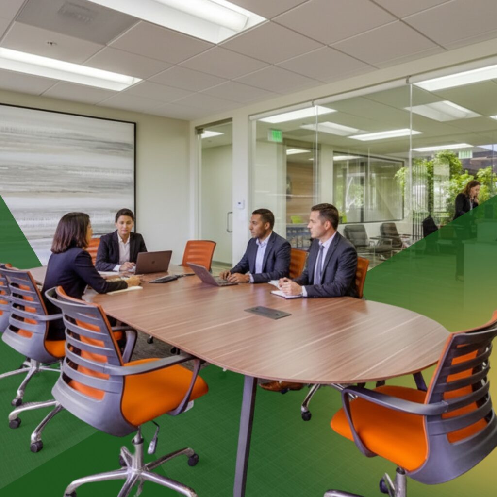 Four people in business attire sit at a conference table in a modern office, having a meeting. Large windows and glass walls let in natural light. Orange and gray chairs surround the table.