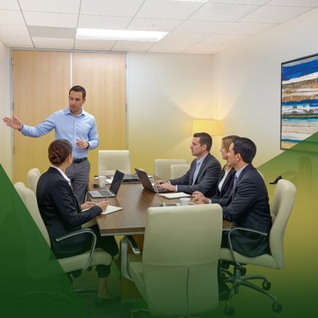 Four people in business attire sit at a conference table with laptops, while a man stands and gestures, leading a discussion in a modern office meeting room.