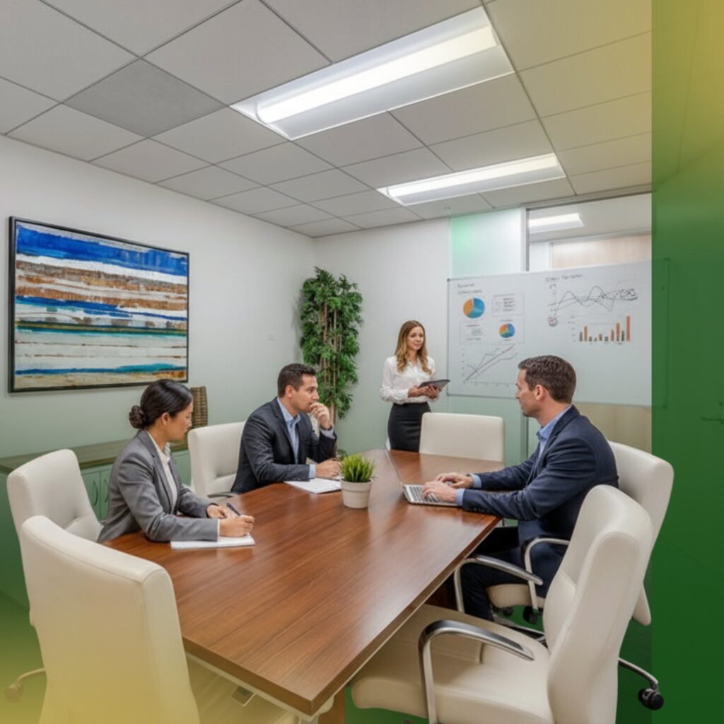 Four professionals in business attire sit around a conference table, while one woman stands by a whiteboard displaying charts and graphs, giving a presentation in a modern office meeting room.