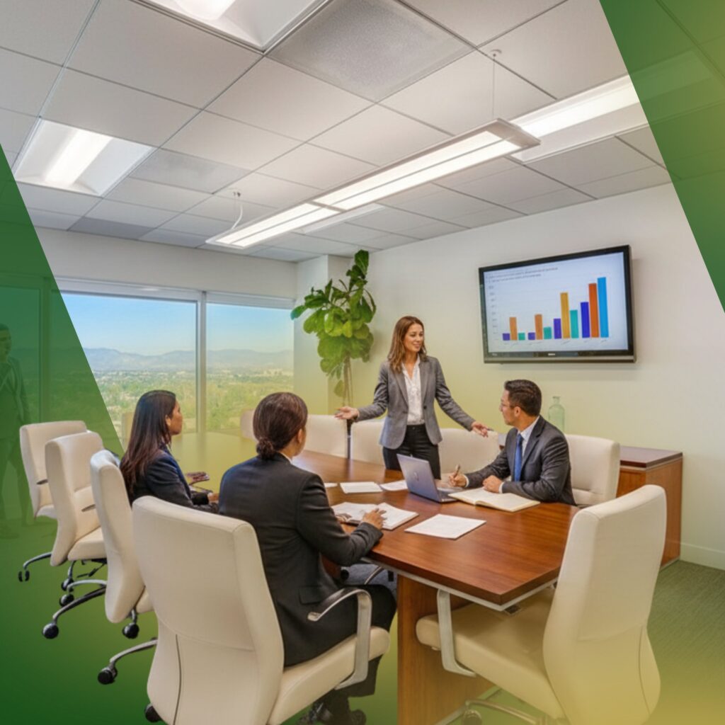 Four people in business attire sit at a conference table while a woman stands, gesturing. A bar graph is displayed on a screen, and large windows show an outdoor view. The room has modern décor and green accents.