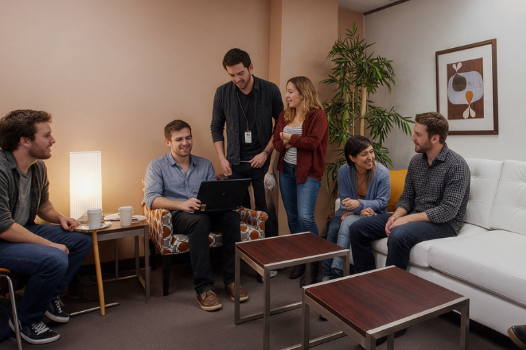 Six people gather in an office lounge; one sits with a laptop while others stand or sit nearby, chatting and smiling. The room has a white couch, patterned chair, coffee tables, a plant, and framed art on the wall.