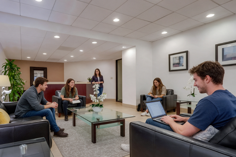 Five people are in a modern waiting room. Four are seated on black chairs using phones or laptops, while one stands by the reception desk. The room has plants, framed art, and a glass coffee table with white flowers.