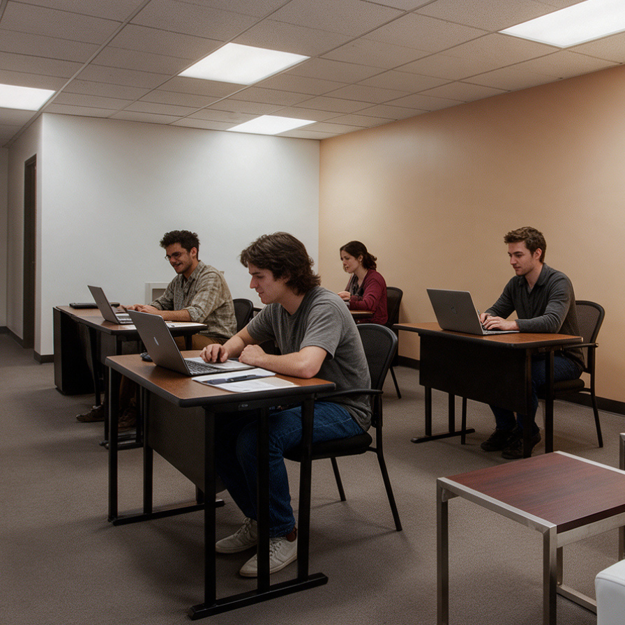 Four young adults sit at desks in a classroom, each working on a laptop. The room has beige walls, overhead fluorescent lighting, and a simple, modern appearance.