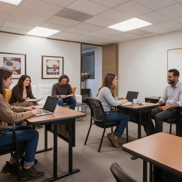 Five people are gathered in a modern office, sitting at desks with laptops, notebooks, and coffee cups, engaged in a casual meeting or discussion. The room has framed art on the walls and neutral-toned decor.