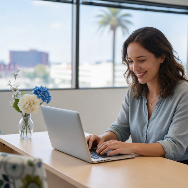 A woman sits at a desk, smiling while typing on a laptop. A vase with flowers is beside her, and large windows reveal a cityscape with a palm tree outside.