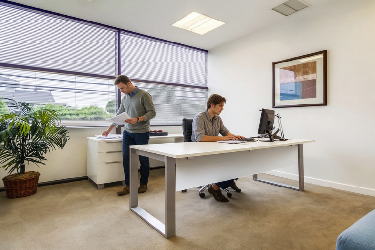 Two people working in a modern office; one is typing at a desk with a computer, while the other stands near a filing cabinet looking at papers. Large window and potted plant are in the background.