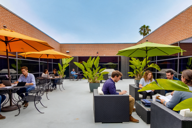 People work and meet outdoors on a rooftop patio, sitting at tables and lounge chairs under orange and green umbrellas, surrounded by brick walls, large plants, and blue sky.