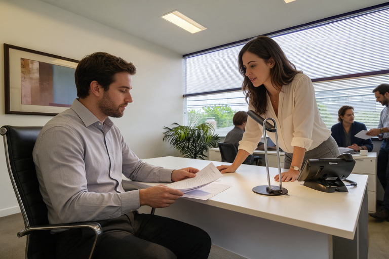 A man sits at a desk reading papers while a woman stands beside him, leaning forward. Two other people talk in the background of a modern office with large windows and a plant.