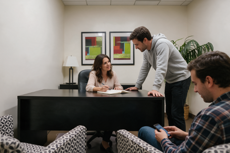 A woman sits at a desk writing in a notebook while a man leans over to talk to her. Another man sits in the foreground looking at his phone. The office has neutral walls, art, a lamp, and a plant.