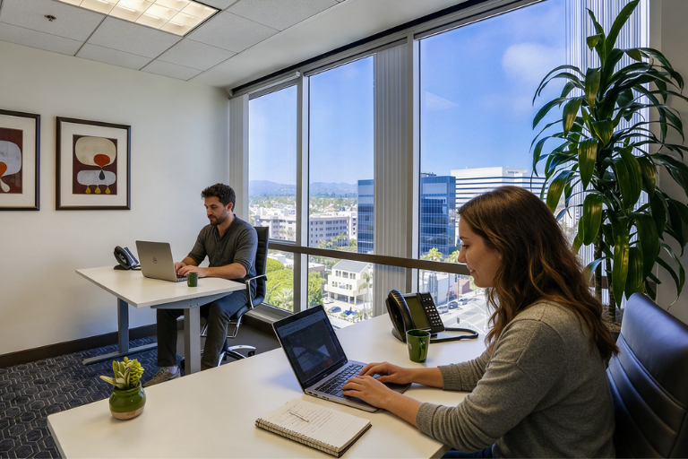 Two people work on laptops in a bright office with large windows, city views, office phones, and plants. A notepad and green mugs are on the desks. Framed art hangs on the wall.