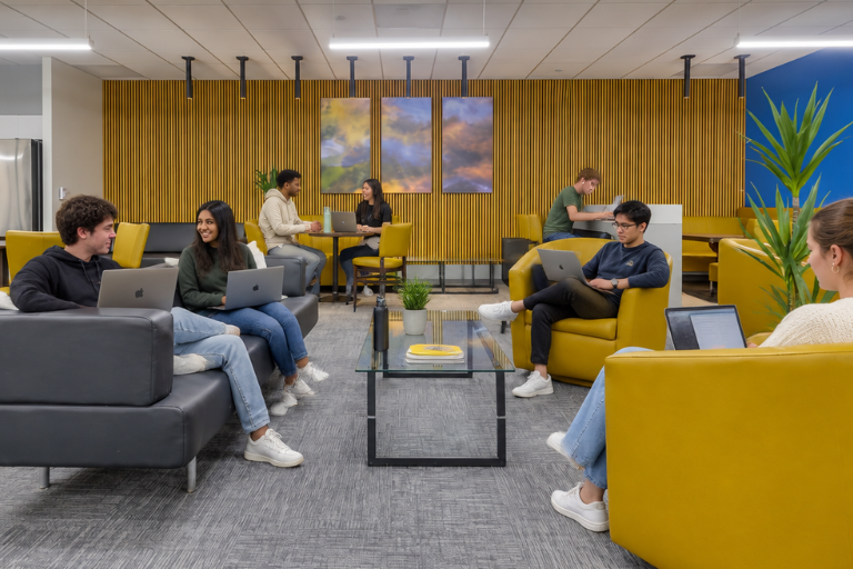 Six people work and talk in a modern lounge with yellow chairs, laptops, and a coffee table. A green plant and paintings decorate the bright, open space.