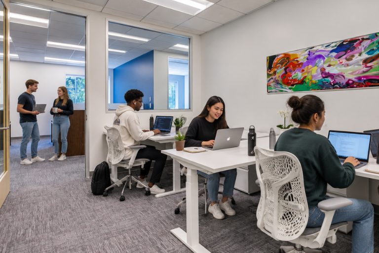 Four people work at desks with laptops in a modern office; two more stand talking in the hallway. The room has white walls, colorful abstract art, and glass doors.